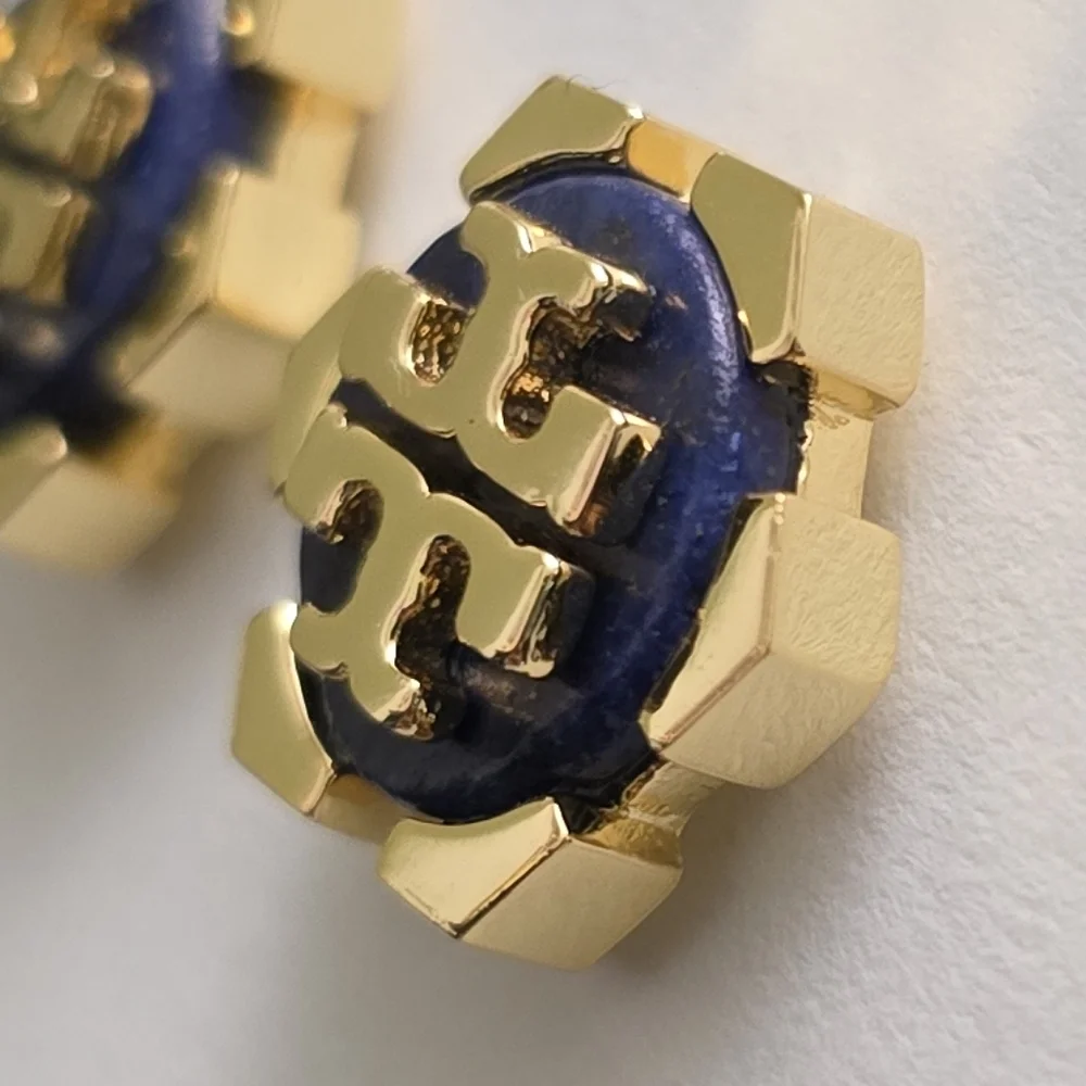 Tory Burch Gold & Navy Logo Stud Earrings